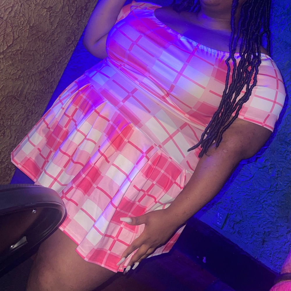 Pink Plaid Off-Shoulder Skirt